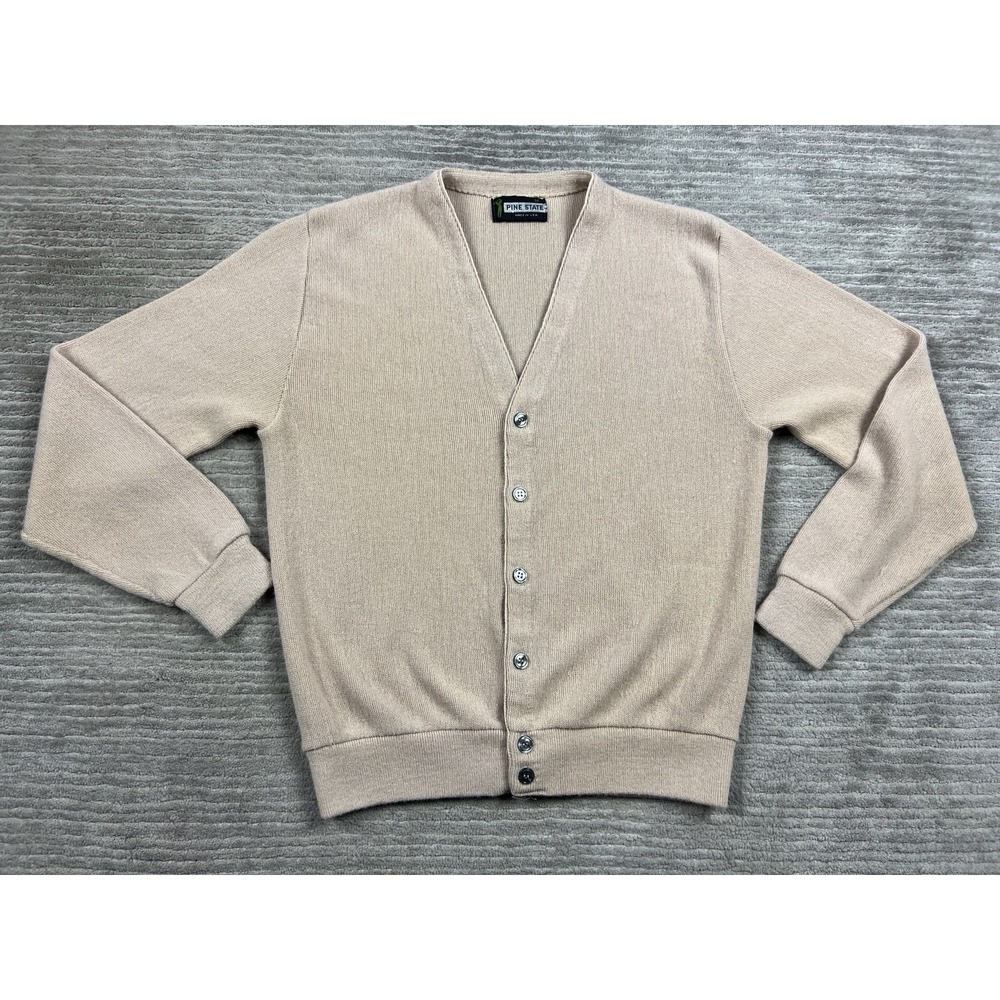 Vintage Pine State Sweater Men Medium Beige Button Up Cardigan Knit Made USA 90s